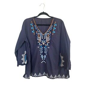 Unbranded 100% Cotton Light Weight Embroidered Blue Boho Top No Size